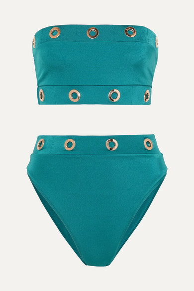 Oye Swimwear Arya Eyelet Embellished Bandeau Bikini Teal Shopstyle Two Piece Swimsuits
