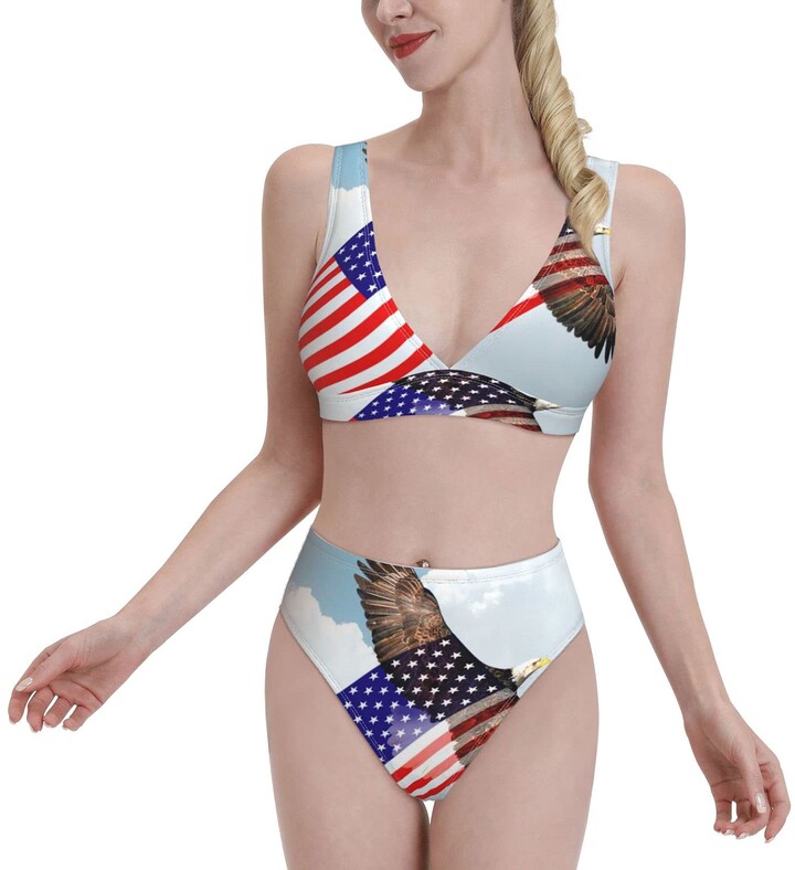 Xiaoxian American Flag And Eagle Women S Sexy Halter Thong Tie Two Sides Bottom Triangle Bikini