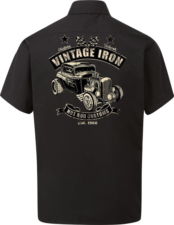 Velocitee Speed Shop Mens Mechanic Garage Work Shirt Vintage Iron Hotrod Hot Rat Rod Rockabilly