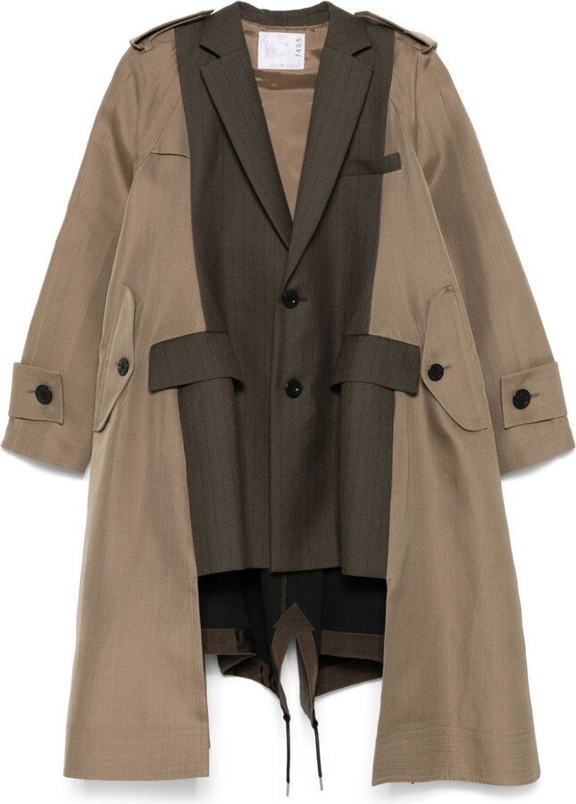 order now Sacai Panelled Houndstooth wool Trench Coat in Beige