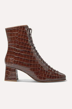BY FAR Becca Glossed Croc-effect Leather Ankle Boots