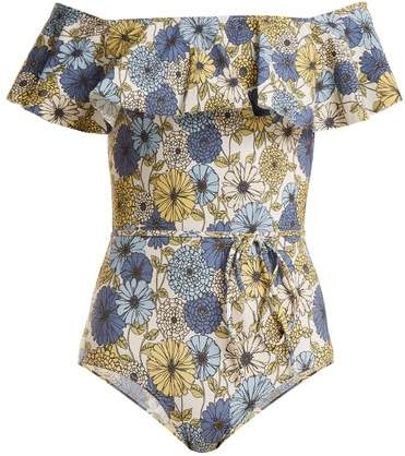 Mira floral-print off-shoulder swimsuit