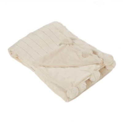 Luxe Mink Faux Fur Pom Pom Throw Blanket in Cream