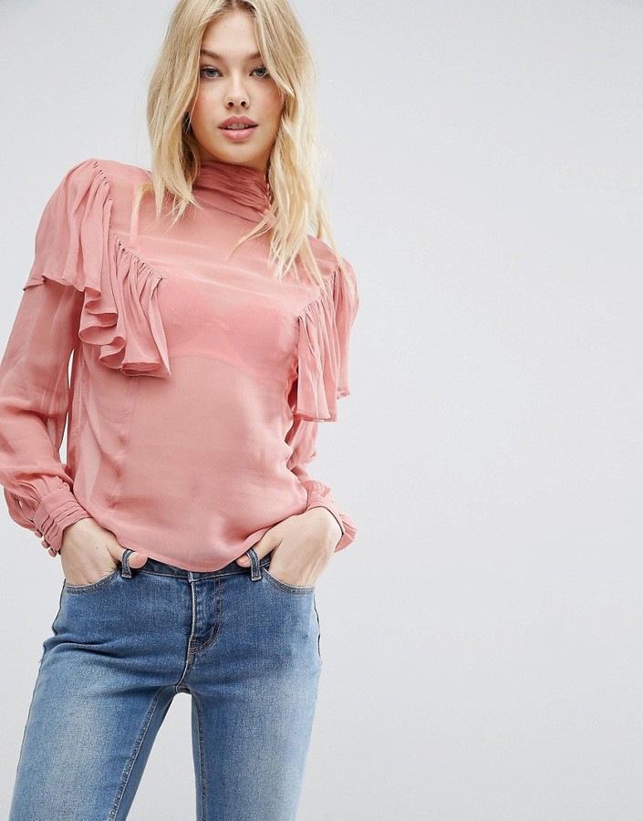 Asos Sheer Blouse With Ruffle And High Neck Detail - ShopStyle Tops