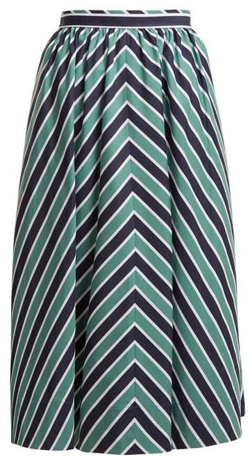 Chevron-striped A-line cotton midi skirt