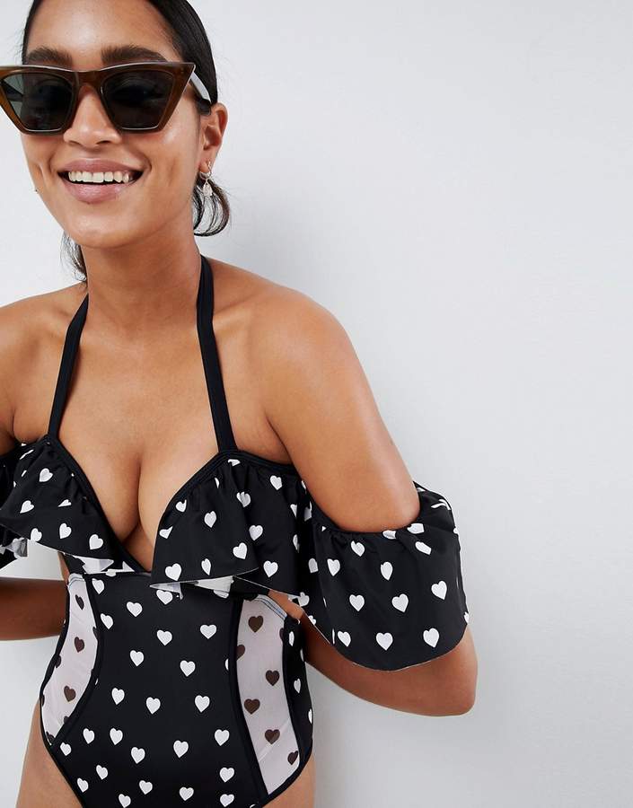 DESIGN Mini Heart Print Corset Detail Bardot Swimsuit