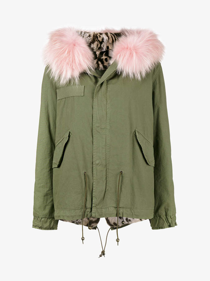 Short Khaki pink and leopard print lined parka