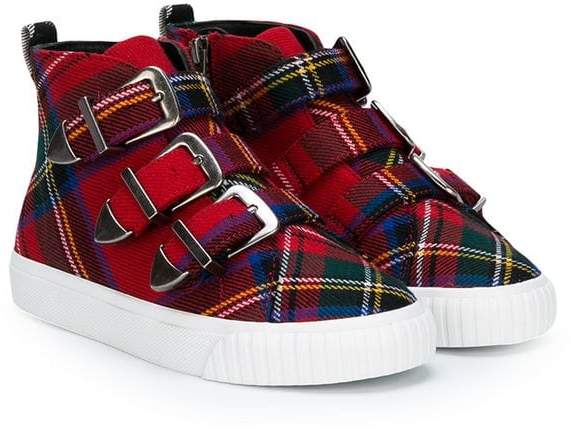 checked buckle sneakers