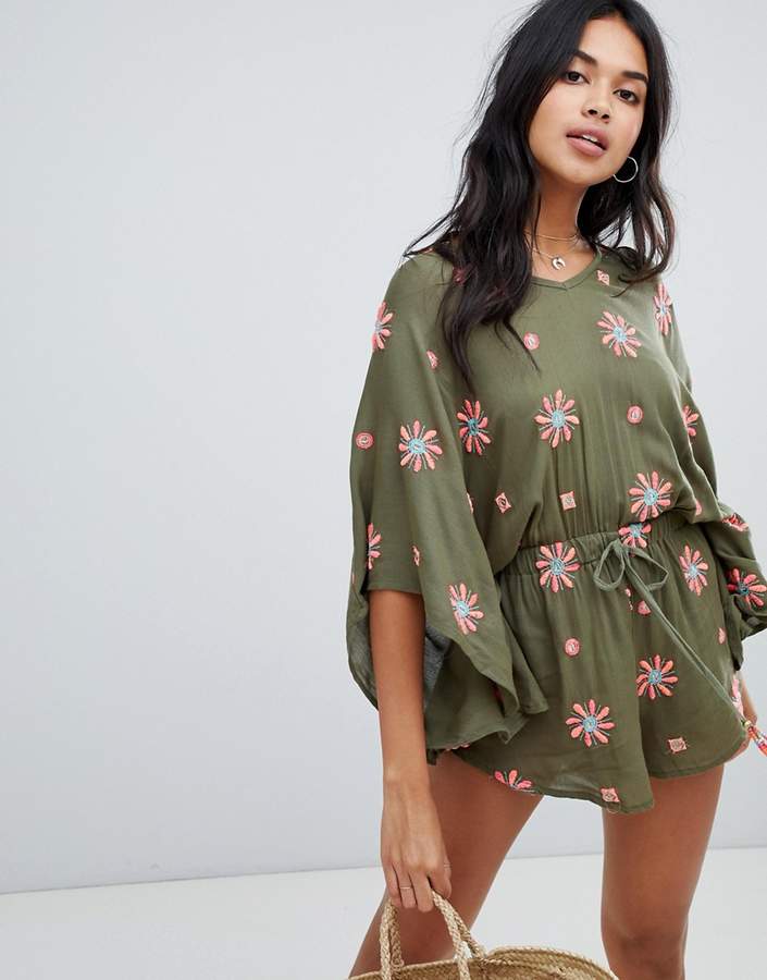 Anmol Oversized Beach Playsuit With Floral Embroidery
