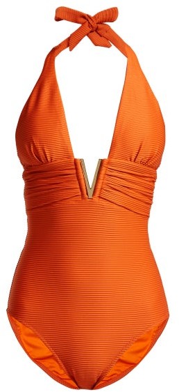 Casablanca V Bar Ribbed Swimsuit - Womens - Orange