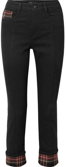 Tartan-paneled Cropped High-rise Straight-leg Jeans - Black