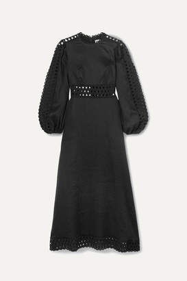 Zimmermann Verity Broderie Anglaise-trimmed Linen Midi Dress - Black