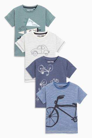 Boys Blue/White/Green/Navy Embroidered Car And Bike Short Sleeve T-Shirts Four Pack (3mths-6yrs) - Blue