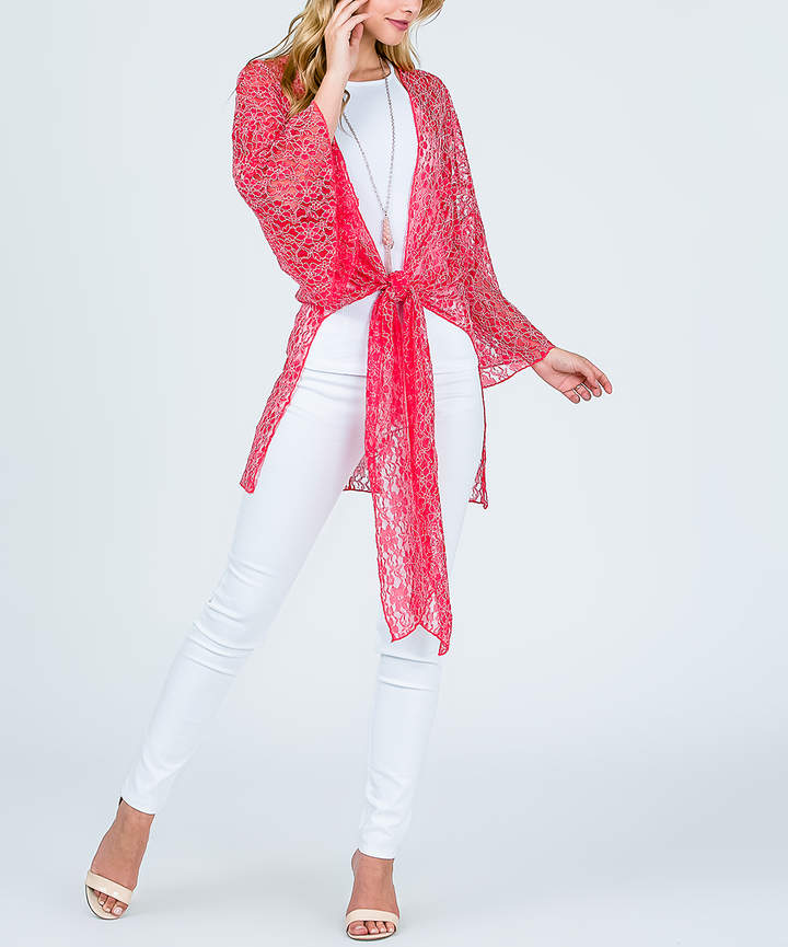 Coral Lace Tie-Front Kimono - Women & Plus