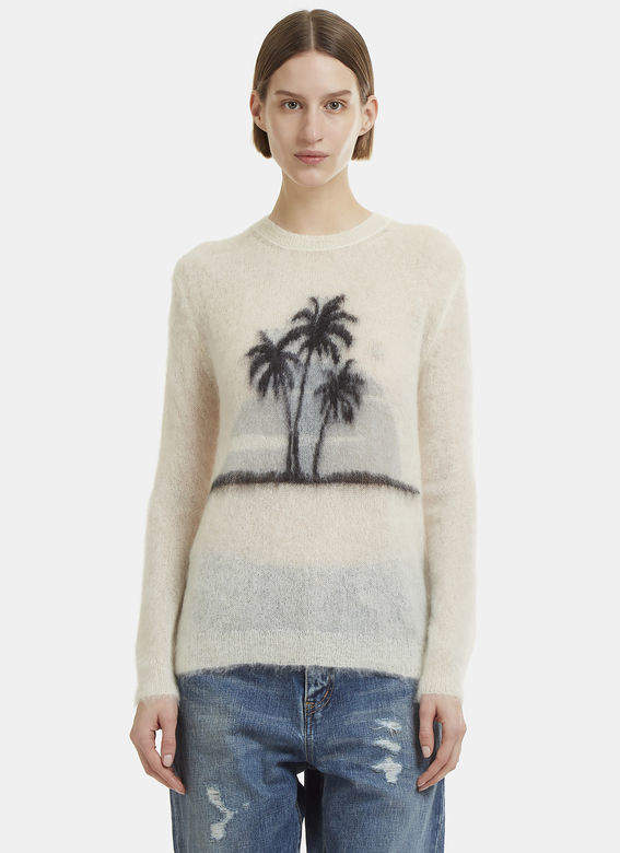 Palm Tree Mohair Blend Knit Sweater in Cream