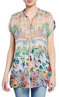 Johnny Was Cali Mixed-Print Button-Front Cap-Sleeve Georgette Blouse