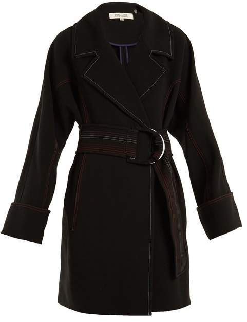 Contrast-stitching belted crepe coat