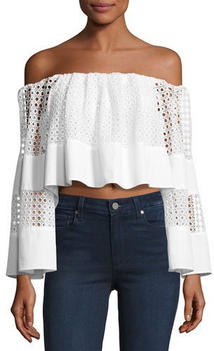 Off-the-Shoulder Circle Lace Crop Top, White