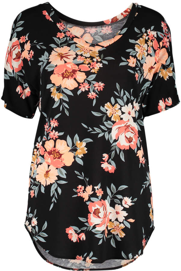 Black & Peach Floral V-Neck Top - Women
