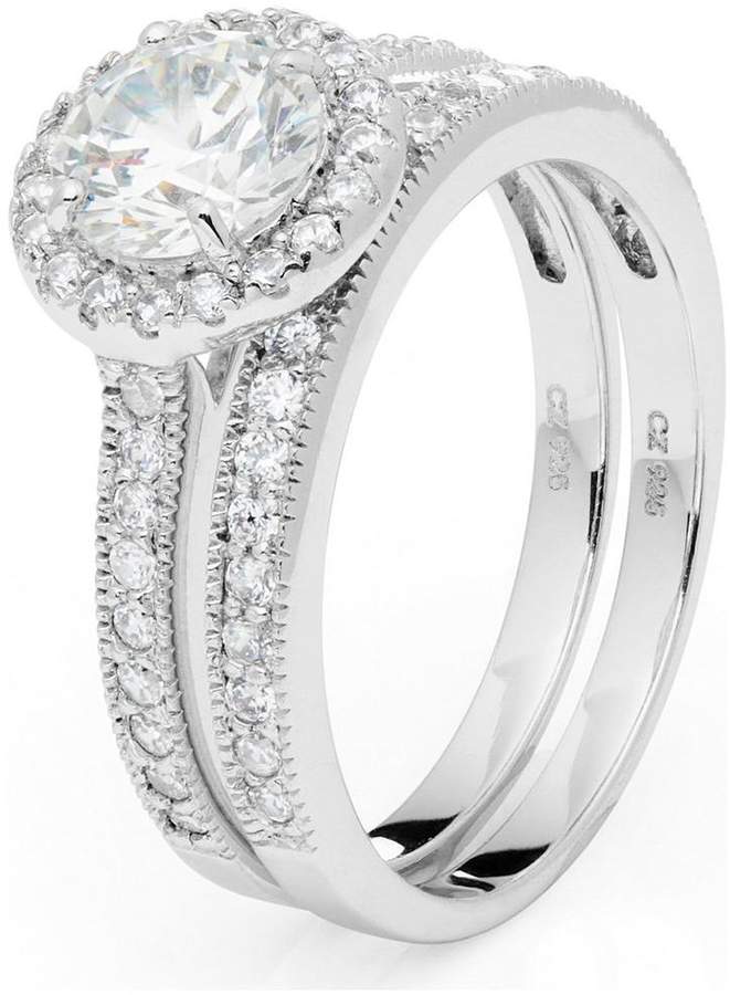 The Love Silver Collection STERLING SILVER CUBIC ZIRCONIA RHODIUM PLATED HALO BRIDAL RING SET