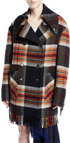 Double-Breasted Boxy Plaid Wool Jacket w/ Fringe Trim