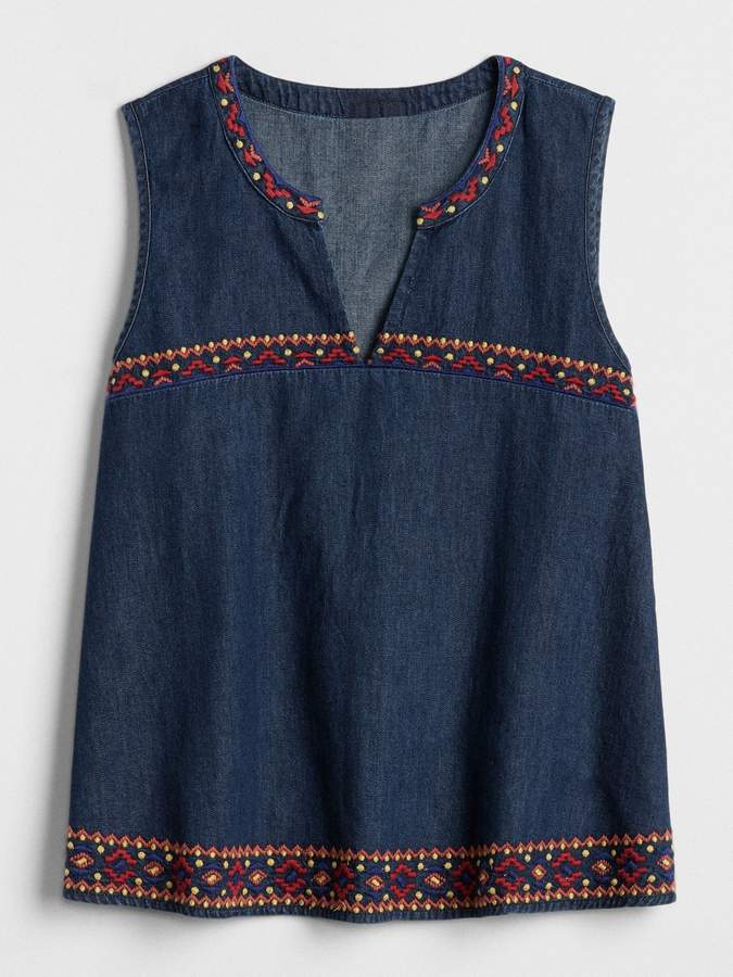 Sleeveless Embroidered Ruffle Top in Denim