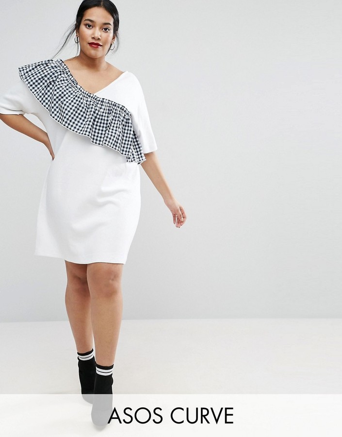 T-Shirt Dress with Woven Gingham Frill Detail