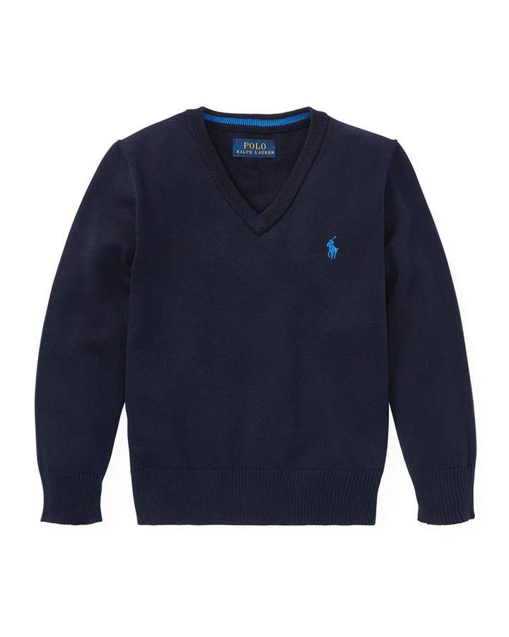 Long-Sleeve V-Neck Knit Sweater, Blue, Size 5-7