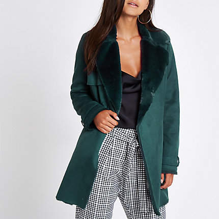 Womens Petite dark Green faux fur fallaway jacket