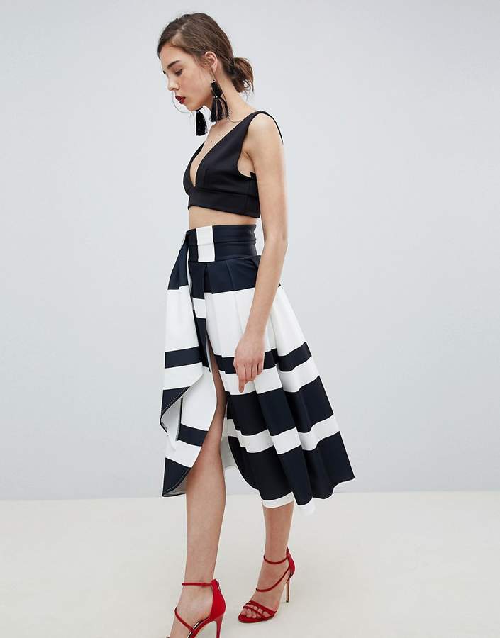 DESIGN scuba wrap prom skirt with split and tie waist in stripe