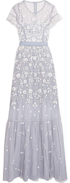 Meadow Embroidered Tulle Gown - Light blue