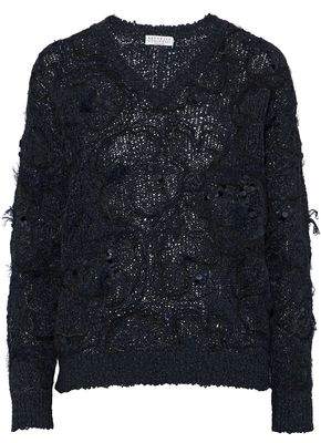 Embellished Embroidered Open-Knit Sweater