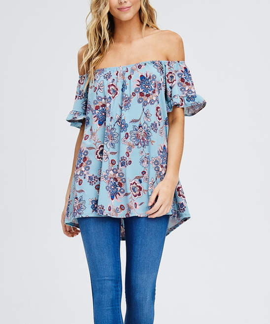 Chambray & Mauve Floral Off-Shoulder Tunic - Plus