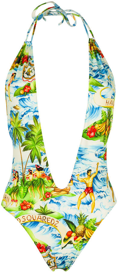 Hawaiian print plunge swimsuit