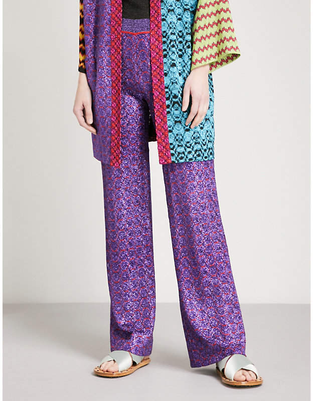 Chain-embroidered metallic-knit relaxed-fit woven trousers
