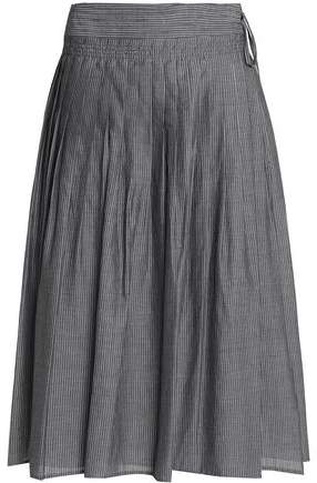 Pleated Pinstriped Cotton-Poplin Midi Skirt