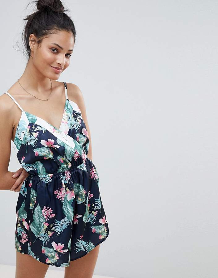Leaf Print Satin Pajama Romper