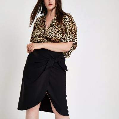 Womens Plus black tie front pencil skirt