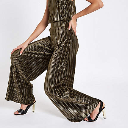 Womens Khaki green velvet plisse wide leg trousers