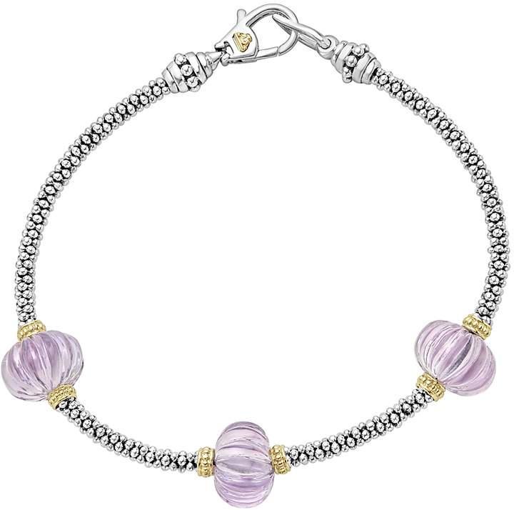18K Gold & Sterling Silver Caviar Forever Rose De France Amethyst Melon Bead Station Rope Bracelet