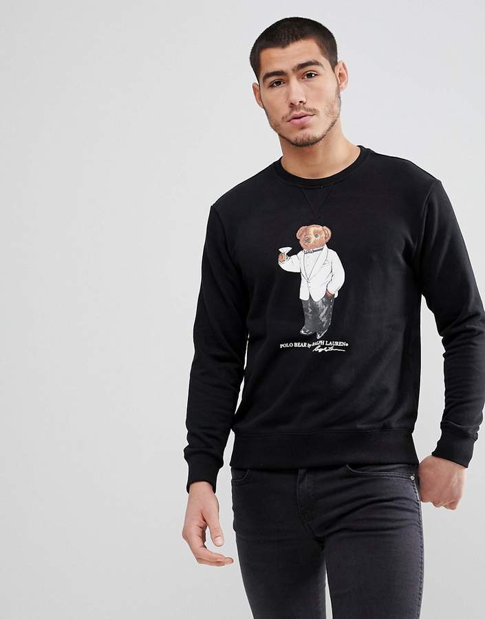 – Schwarzes Vintage-Sweatshirt mit Rundhalsausschnitt und Bärenprint mit Martiniglas