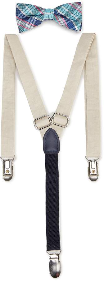 Plaid Bow Tie & Linen Suspenders Set