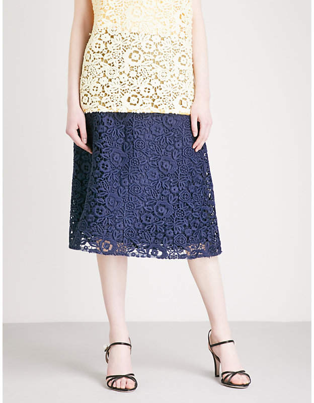 Lace-embroidered knitted midi skirt