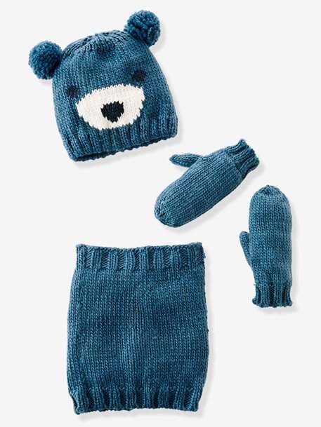 Boys' Lined Beanie, Snood & Mittens Set - blue dark all over printed