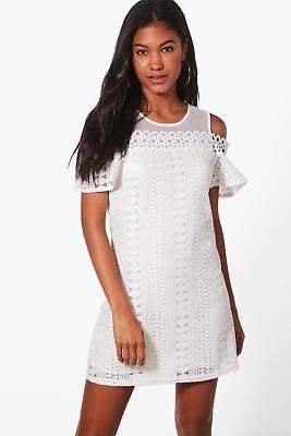Damen Lizzie Kleid aus Webmaterial mit ausgeschnittenen Schultern in Weiß