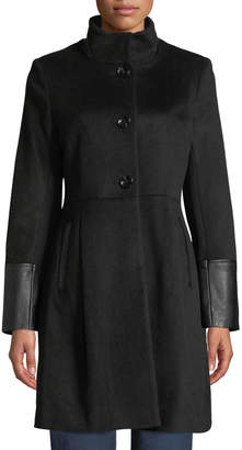 Via Spiga Single-Breasted Pea Coat W\/ Faux Leather Trim