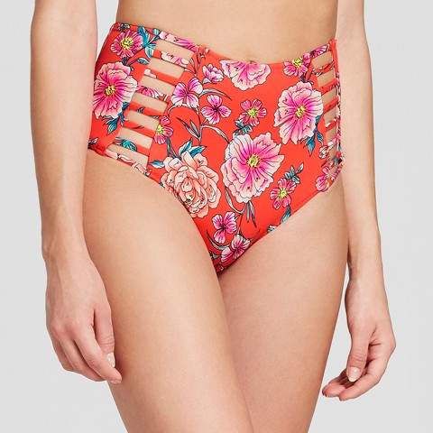 Shade & Shore Women's Floral Print Beach High Waist Strappy Bikini Bottom - Shade & Shore Red Floral
