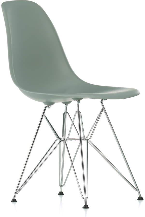 Eames Plastic Side Chair DSR (H 43 cm), verchromt / Moosgrau, Kunststoffgleiter basic dark