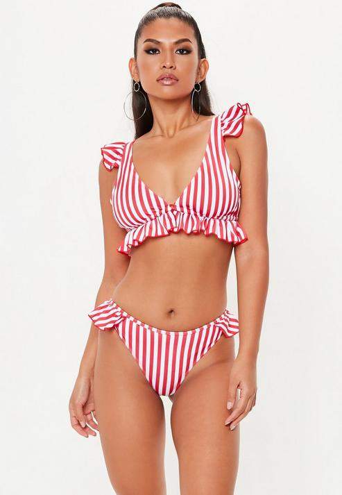 Red Striped Frill Detail Bikini Top, Red