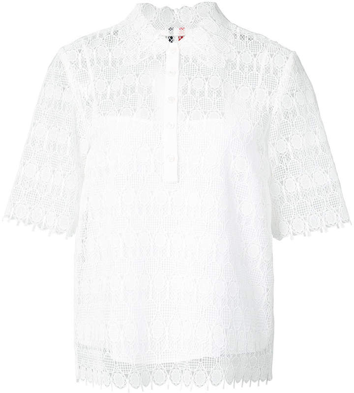 Polo Collar Blouse With Engineered Lace Collar In Tennis Racket Guipure Lace